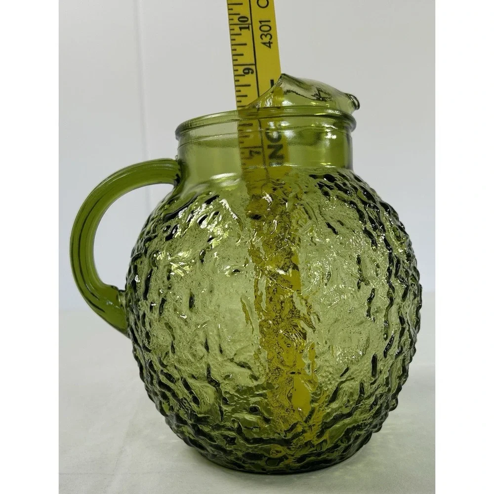 Vintage 1970s Anchor Hocking Milano/Lido Avocado Green Crinkle Ball Pitcher